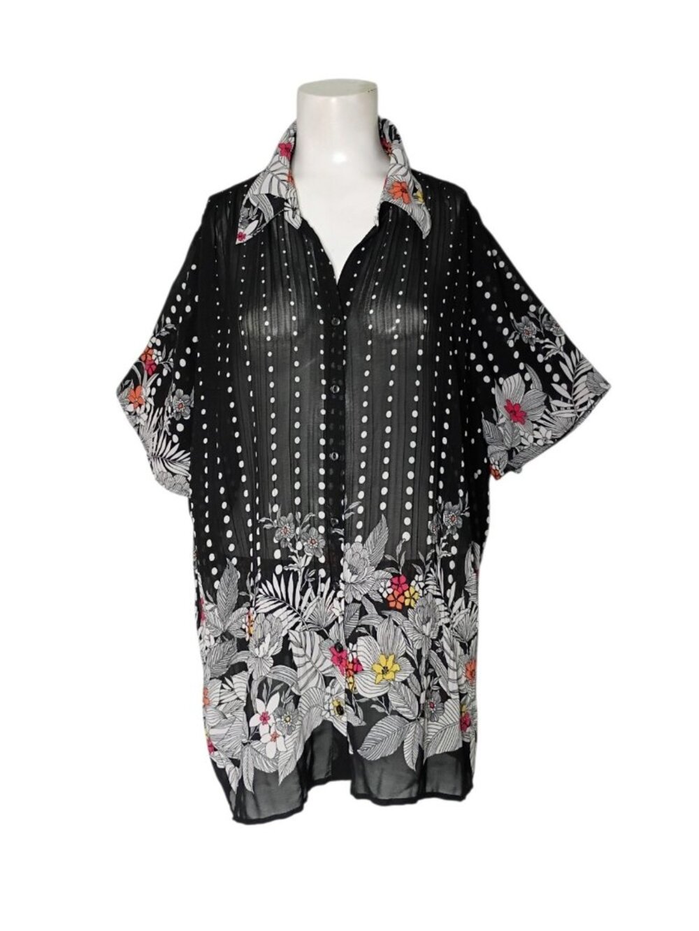 Maggie Barnes Pleated Button Up Floral Top 1X Semi Sheer Polka Dot Flowy